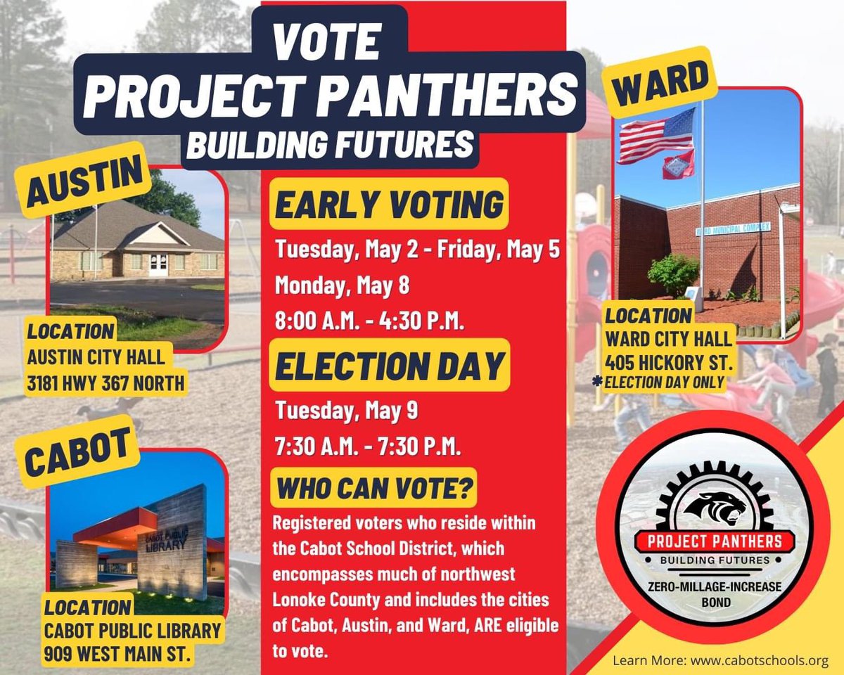 cabotsd's tweet photo. REMINDER: Project Panthers: Building Futures - Early voting on the no-millage-increase bond proposal begins tomorrow Tuesday, May 2nd! 
🐾Check out the times and polling locations below. 
🐾For more information: https://t.co/Rz1HJ45KIX https://t.co/4uRTii00qQ