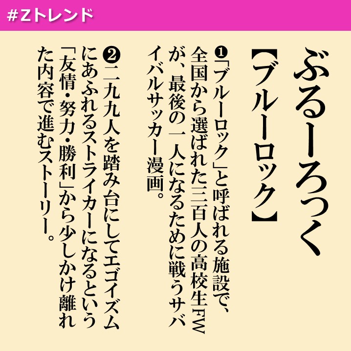 BRING_Z_'s tweet photo. 【#Zトレンド】  

／  
「#ブルーロック」って知ってる？  
＼ 

#週刊少年マガジン で大人気連作中⚽
下剋上、協力も裏切りもなんでもアリで、その蹴落とし合いがドキドキ‼️やっぱり覚醒シーンがかっこいいけど、オフのシーンはギャップがあってそれもまた良い。。。

#Z辞典 #Zpedia #Z世代 #アニメ https://t.co/eJF8LkZkAG
