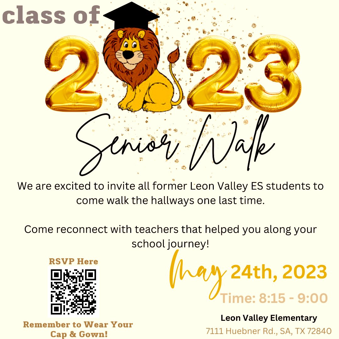 Miguel Torres (@counselormrt) on Twitter photo Hey Seniors 🎓, if you are a former <a href="/NISDLeonValley/">Leon Valley ES</a> lion 🦁, join us for the Senior Walk on May 24th! We are looking forward to having you visit, reconnect with former teachers and pre-celebrate 🎉 your big day! <a href="/NISD/">Northside ISD</a> <a href="/NISDCounseling/">NISD Counseling</a> <a href="/NISDMarshall/">NISDMarshall</a> Hey Seniors 🎓, if you are a former <a href="/NISDLeonValley/">Leon Valley ES</a> lion 🦁, join us for the Senior Walk on May 24th! We are looking forward to having you visit, reconnect with former teachers and pre-celebrate 🎉 your big day! <a href="/NISD/">Northside ISD</a> <a href="/NISDCounseling/">NISD Counseling</a> <a href="/NISDMarshall/">NISDMarshall</a>