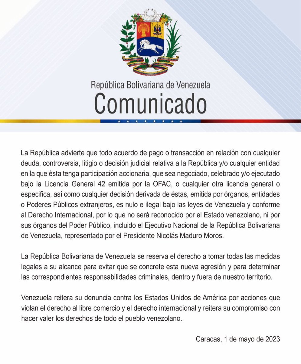 Comunicado ante el intento de despojo al pueblo venezolano de la empresa Citgo Petroleum Corporation, planeado por  el gobierno de los Estados Unidos y grupos extremistas y apátridas de la política venezolana.