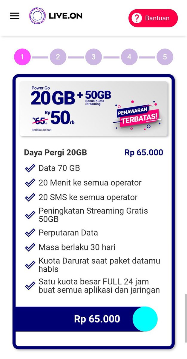 kuota live.on 71GB cuma 50k
20GB kuota utama
50GB kuota streaming
1GB didapet pas aktivasi kartu

pakai juga kode LIVEGO15K biar dapet diskon 15k
pid-webfrontek.liveon.id/web/pre-checko…