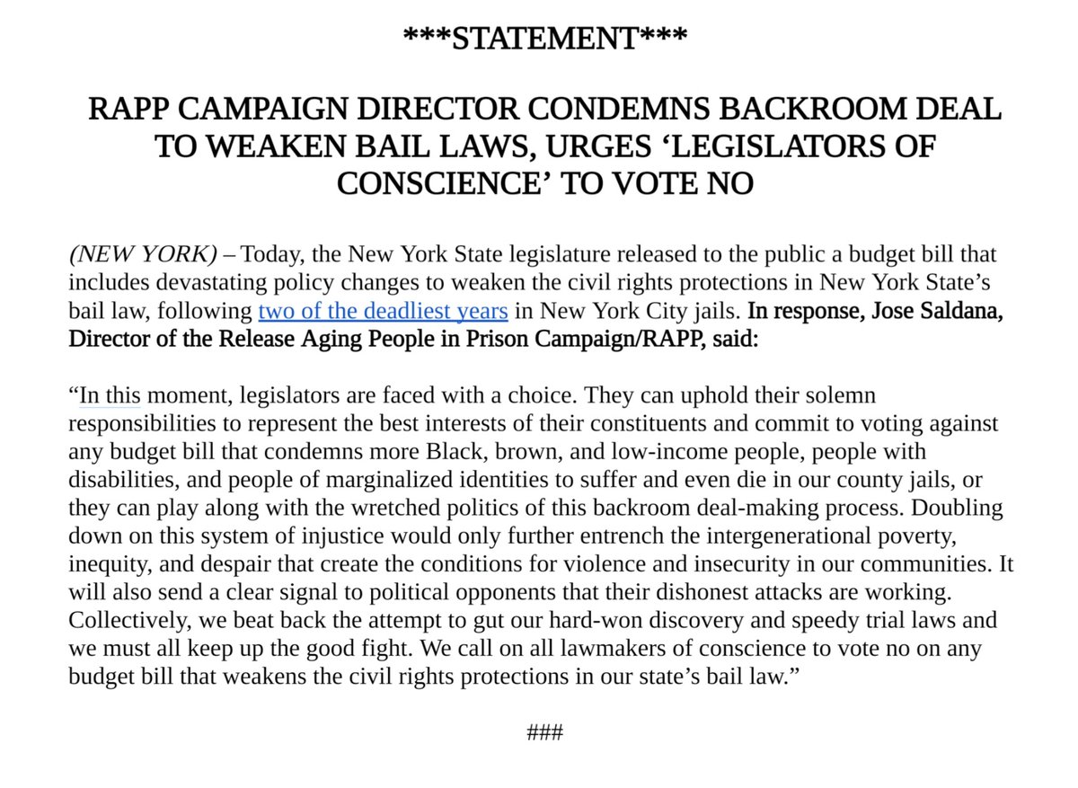 RAPPcampaign's tweet photo. BREAKING: The New York State legislature released a budget bill that includes changes to weaken bail reform laws.

Our statement: "We call on all lawmakers of conscience to vote no on any budget bill that weakens the civil rights protections in our state’s bail law.” https://t.co/1UozDb5L7o
