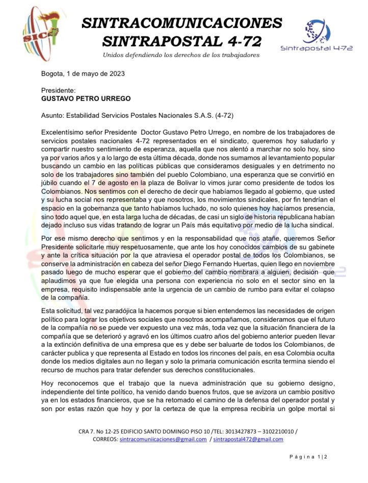 sintrapostal472's tweet photo. Hoy marchamos para celebrar Día del trabajo, hacemos llamado @MinTIC_responde @MauricioLizcano @MinHacienda @ricardobonillag para que se mantenga el manejo positivo que viene teniendo @472Colombia en cabeza de su actual Pdte, vital la estabilidad para 472 @ZuluagaCamila https://t.co/qkt5DdzWoF