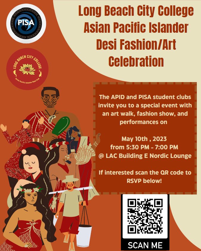 KerryChhay's tweet image. The LBCC APID and PISA student clubs are doing a fashion show! Students/staff/faculty will be able to bring their culture into the space and highlight their share through narrative and presence. forms.gle/JvrHubPSAUbB5u… #aapi #fashionshow