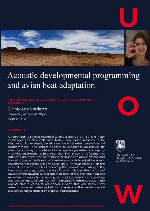 UOW CSES (@uow_cses) on Twitter photo Join us this Thursday 4th May at 12.30pm
<a href="/MyleneMariette/">Mylene Mariette</a> will be presenting her fascinating wok on how “heat calls” in zebra finches can shape prenatal development of heat adaption traits 🐣
@uow Join us this Thursday 4th May at 12.30pm
<a href="/MyleneMariette/">Mylene Mariette</a> will be presenting her fascinating wok on how “heat calls” in zebra finches can shape prenatal development of heat adaption traits 🐣
@uow