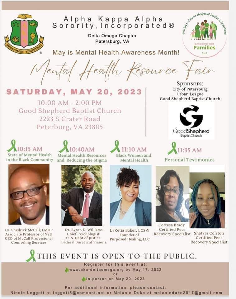 DeltaOmegaAKA's tweet photo. Please join us Saturday, May 20th to engage our distinguished speakers and vendors to fight the stigma and raise awareness related to depression, anxiety, and trauma. Sign up 🔗https://t.co/A73fhgImZb #AKA1908 #soaringwithAKA #MARConnects
#MentalHealthAwarenessMonth https://t.co/FFfLXhvtt9
