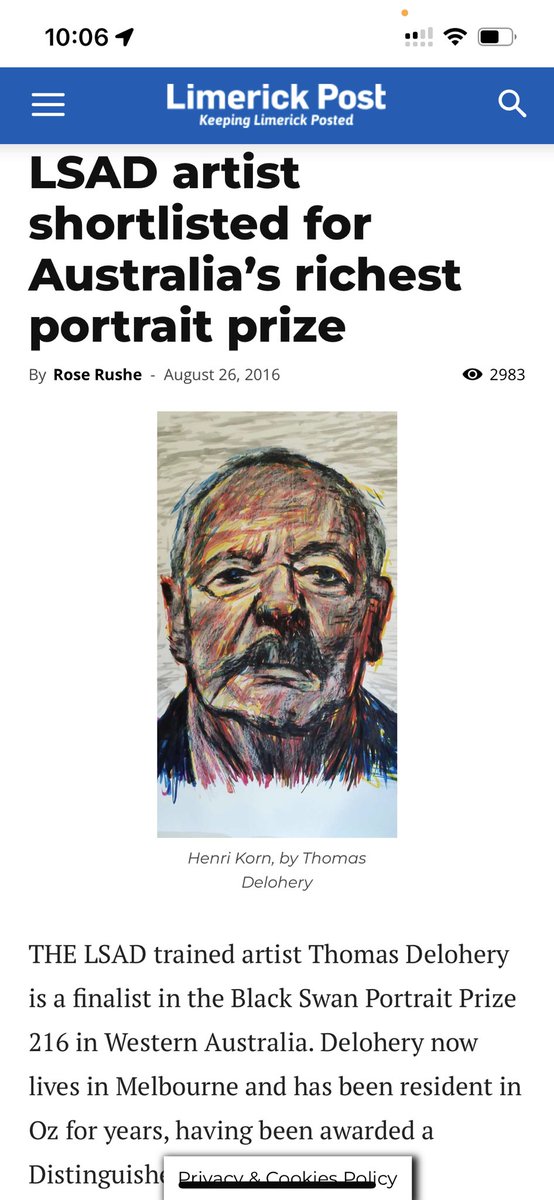 TomdeloheryJ's tweet photo. #tbt #irishpress #limerickpost #artistthomasdelohery #thomasdelohery @TomdeloheryJ Thomas Delohery named #blackswanprize now #thelesterprize Finalist with #portrait of #holocaustsurvivor #henrikorn #holocaustsurvivorhenrikorn #artprize #australianart https://t.co/Ij8iyENP5G