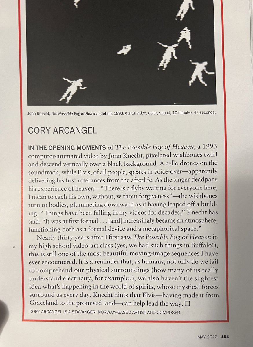 Omg <a href="/cory_arcangel/">Cory Arcangel</a> this is gorgeous 🥲

(And also—love the shout out to BUFFALOOOOOOOO!!!!)

(From the May 2023 issue of <a href="/Artforum/">artforum</a>)