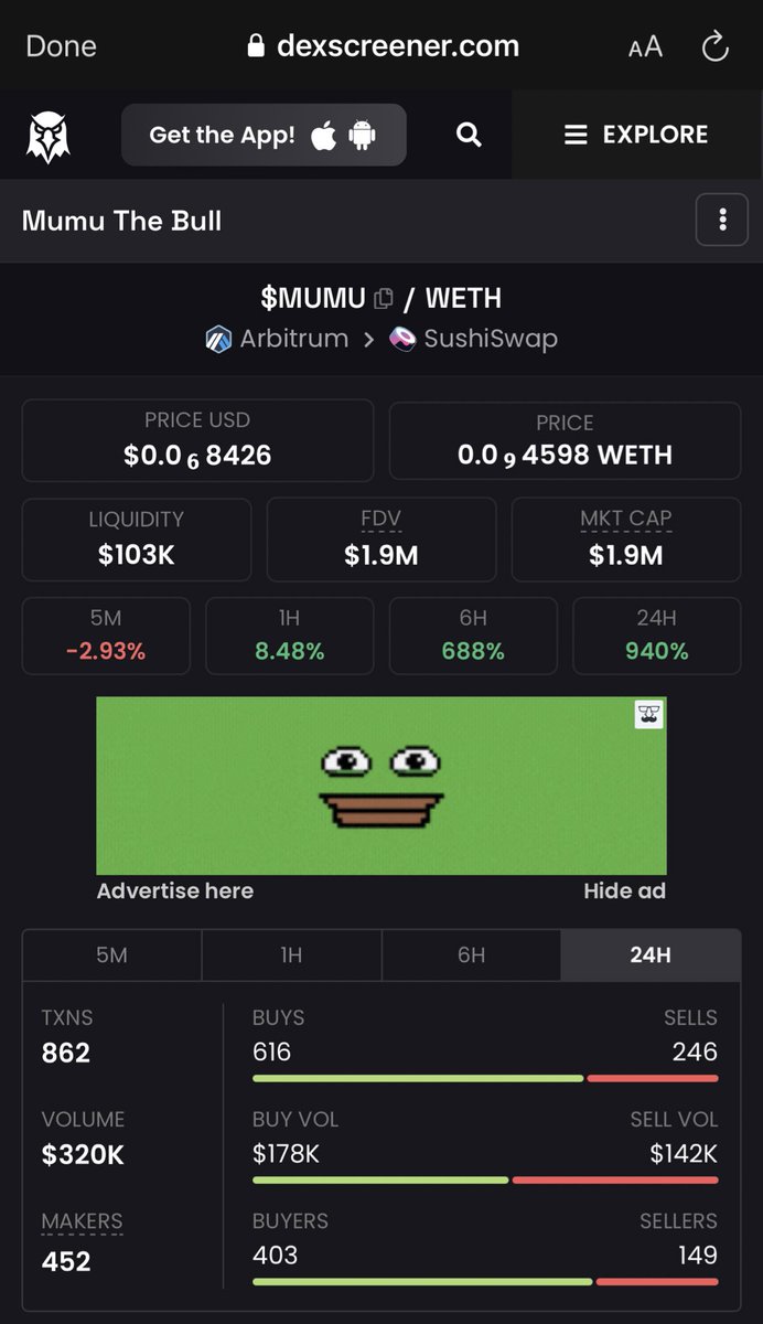 Aped into $MUMU <a href="/MumuTheBull/">Mumu (Airdrop live)</a> at 2 Million Market Cap on #Arbitrum! 🔥

Chart looking bullish AF with heavy volume! 💯

Are you ready to fly anon? 10 Milli coming 👀

TG: t.me/MumuTheBullCoin

CA: 0x27e2209f4CeAebed97899eA2d8302Dee690d3820

Chart: dexscreener.com/arbitrum/0x19f…