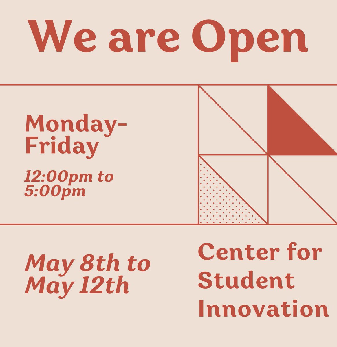 EIU Center for Student Innovation (@eiu_csi) on Twitter photo The CSI is open from May 8th to May 12th (Monday - Friday), noon to 5:00 pm. Follow our page for more updates.
<a href="/BoothLibrary/">Booth Library, EIU</a> <a href="/eiu/">#EIU</a> <a href="/EIU_CollegeOfEd/">EIU's College of Education</a> <a href="/fdic_eiu/">Faculty Development and Innovation Center @ EIU</a> <a href="/eiu_ais/">Association of International Students, EIU</a> <a href="/EIUCHHS/">College of Health and Human Services, EIU</a> <a href="/DEN_news/">The Daily Eastern News</a> The CSI is open from May 8th to May 12th (Monday - Friday), noon to 5:00 pm. Follow our page for more updates.
<a href="/BoothLibrary/">Booth Library, EIU</a> <a href="/eiu/">#EIU</a> <a href="/EIU_CollegeOfEd/">EIU's College of Education</a> <a href="/fdic_eiu/">Faculty Development and Innovation Center @ EIU</a> <a href="/eiu_ais/">Association of International Students, EIU</a> <a href="/EIUCHHS/">College of Health and Human Services, EIU</a> <a href="/DEN_news/">The Daily Eastern News</a>