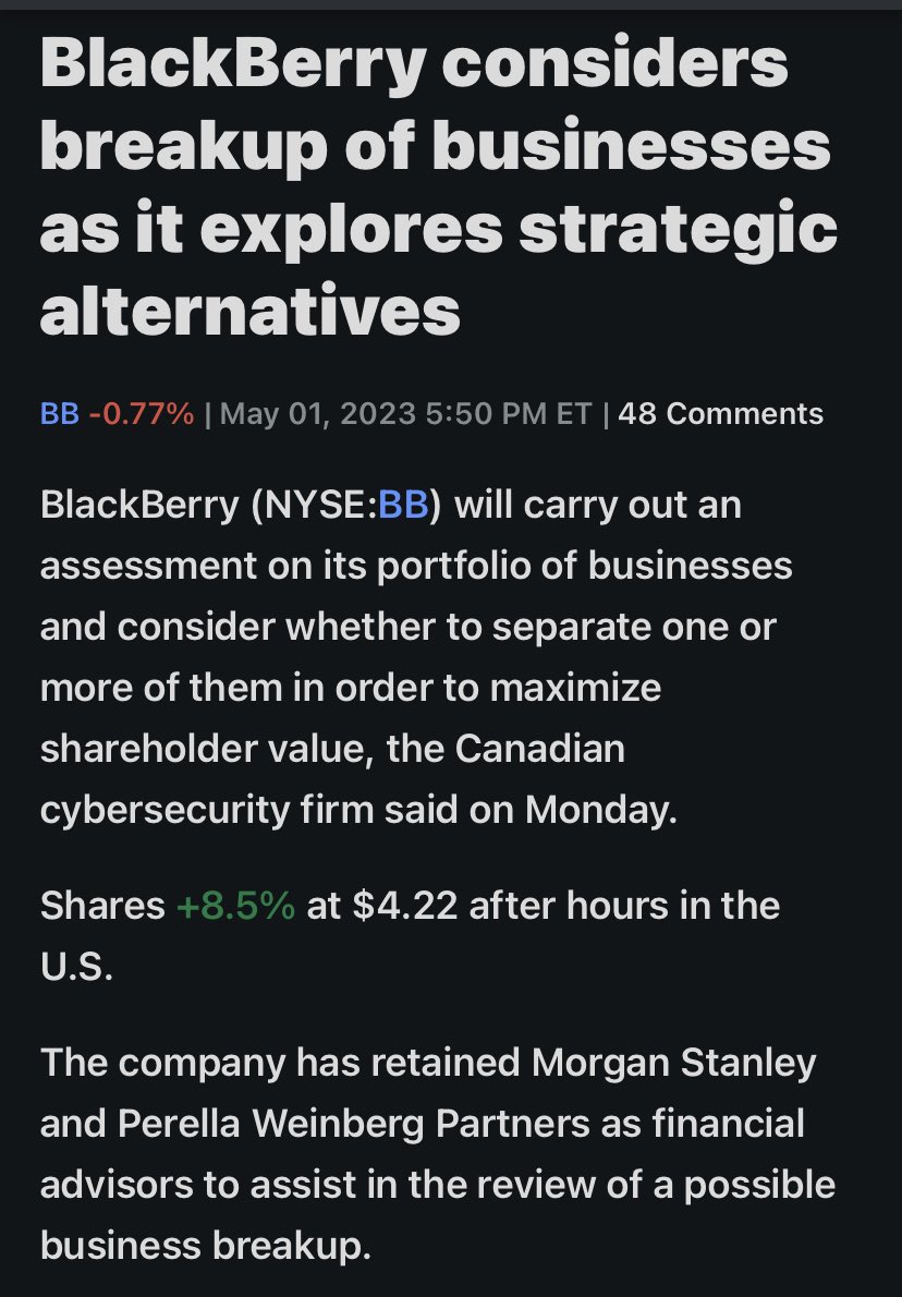 risenfit's tweet photo. $BB #CyberSecurity 
possible spin off. The market reacted positively today. 

On march 21, 2023, $BB said it would sell its #NoneCore patents & patent applications to Malikie Innovations for up to $900M

$BB will sell 32,000 patents & applications to Malikie, #Excluding 120 monetizable non-core patent families and existing revenue generating agreements.

In October 2022, $BB won clearance from a #NATOagency for global use of its security suite in official secure communications. 

The Agency has given accreditation to BlackBerry's SecuSUITE for #Government for use in high-level secure communications. 

Per the 10k filed in march 2023. $BB balance sheet ended 2022 with: 

Total Assets: $1.7B
Total Liabilities: $822M
#CASH position: $426M

$BB recent reported Q4 this month EPS was a Non-GAAP EPS of -$0.02 & beat consensus by $0.05 on Revenue of $151M (-18.4% Y/Y) fell in-line with expectations.