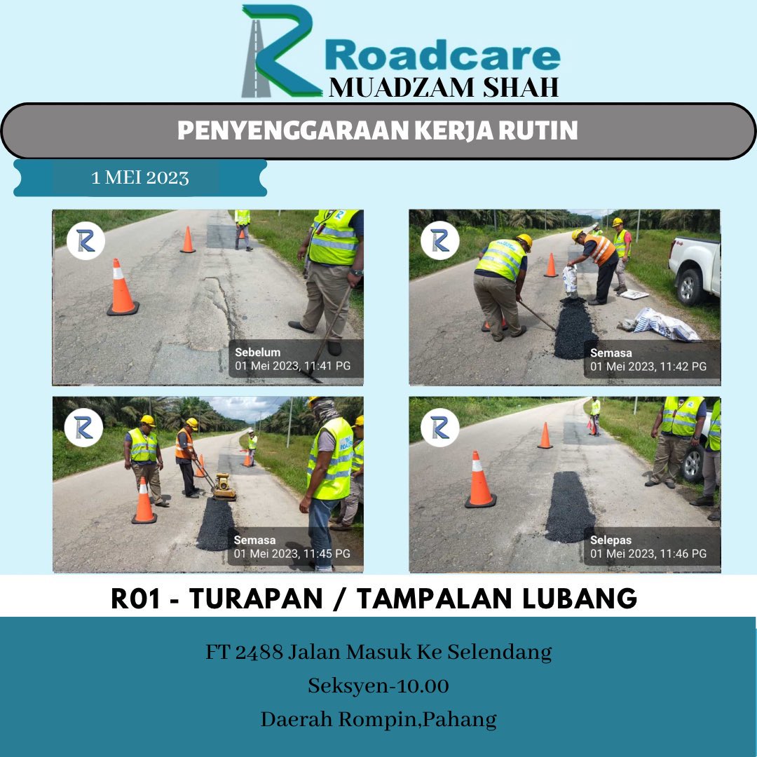 👷🏻‍♂️ #TeamRoadcareMuadzam 🚧
Penyenggaraan Kerja Rutin
R01 - Turapan / Tampalan Lubang 

1 MEI 2023
FT 2488- Jalan Masuk Ke Selendang
Seksyen - 10.00
Daerah Rompin,Pahang

@JKRMalaysia
@JKRPAHANG
@JKRrompin
@Roadcare_HQ
@Roadcare_Phg