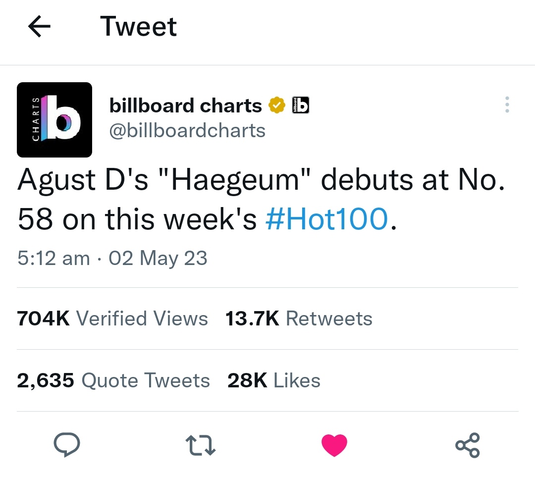 #Haegeum has debuted at #58 on Billboard's hot 100🥹🙈🔥 It's SUGA's fourth entry on the chart!!👑🤟😚💜
#CongratulationsAgustD 
#HaeguemNo58OnHot100 
#AgustD_DDay