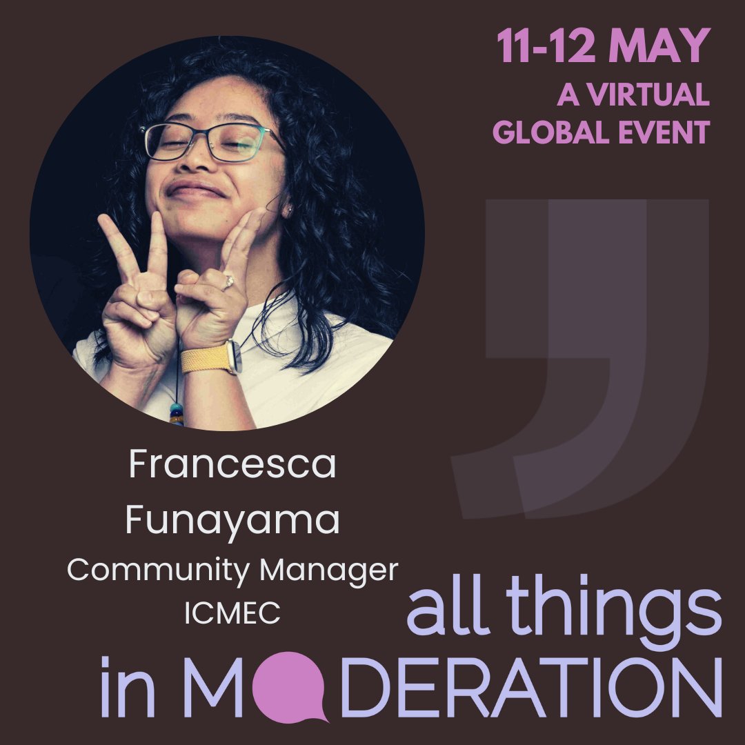 I'm delighted to share that Francesca Funayama is joining <a href="/all_moderation/">All Things In Moderation</a> to discuss online child exploitation and how moderators in all settings can integrate protective measures into their online spaces. Tix at bit.ly/allthingsinmod…