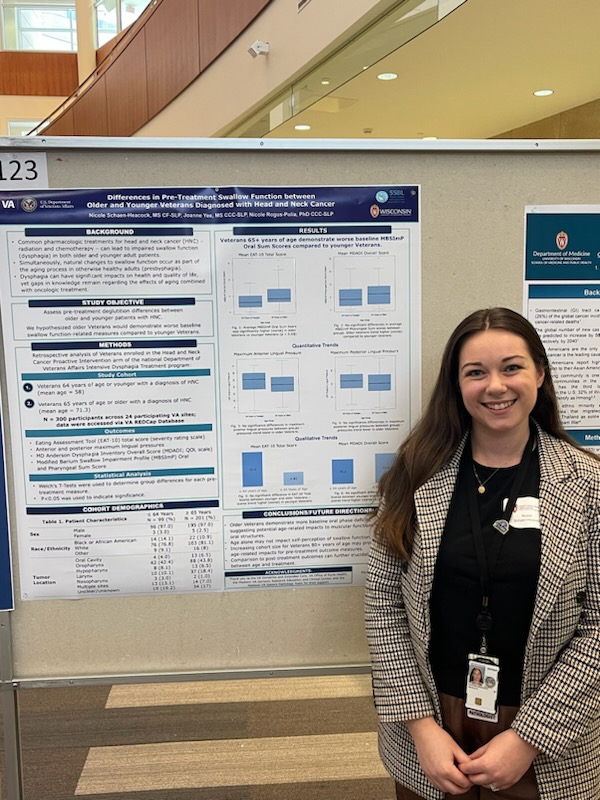 Congratulations  to Nicole Schaen-Heacock on her poster presentation on the age-related  differences in swallow function in head and neck cancer patients prior  to treatment at the UW Carbone Cancer Center Research Retreat!