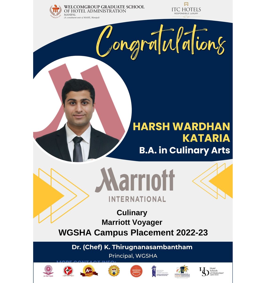 WManipal's tweet photo. #placement Congratulations Mr. Harsh Wardhan Kataria on his successful placement in WGSHA Placement Drive2023 for #Culinary at #marriottvoyager2023
@ThiruChef @MAHE_Manipal @ITCHotels @ITCCorpCom
#StudentsofWGSHA #hospitalityindustry #marriottinternational #MAHE #manipal https://t.co/EJoJME03WU