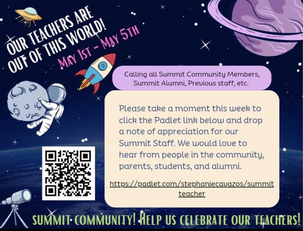 Jaguar Community! Time to show some Summit💙 for our Teachers & Staff!! Teacher Appreciation is May 1st - May 5th. Show your appreciation by clicking the link below and leave a note of appreciation!! padlet.com/stephaniecavaz… Please share this on your own page!