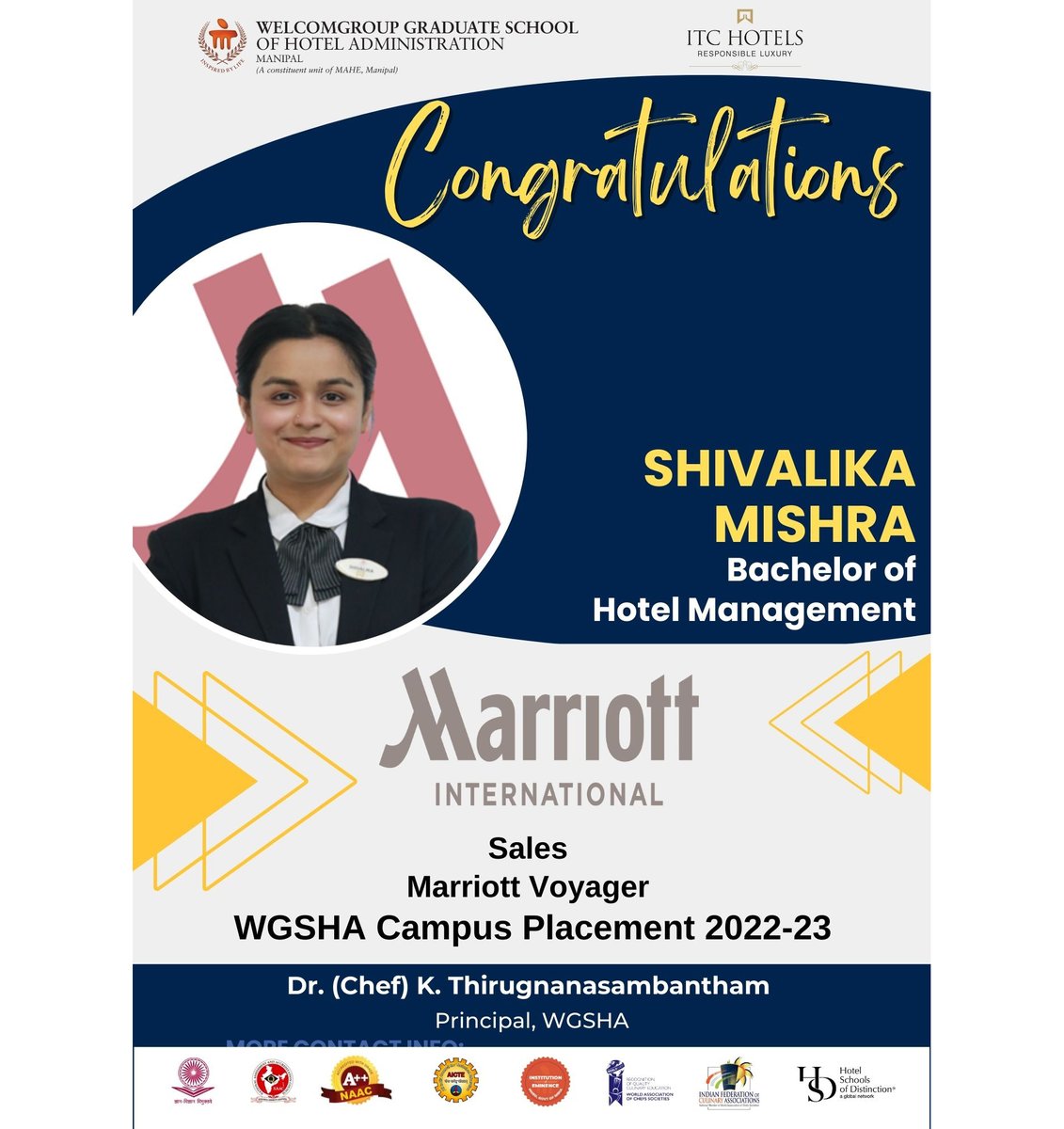 WManipal's tweet photo. #placement Congratulations Ms. Shivalika Mishra on her successful placement in WGSHA Placement Drive2023 for #Sales at #marriottvoyager2023
@ThiruChef @MAHE_Manipal @ITCHotels @ITCCorpCom
#StudentsofWGSHA #hospitalityindustry #marriottinternational #MAHE #manipal https://t.co/qRwp0TXWSc