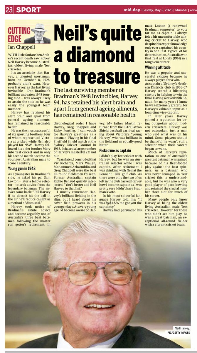 Clayton J Murzello on Twitter "Fine piece by Ian Chappell on golden great Neil Harvey in today