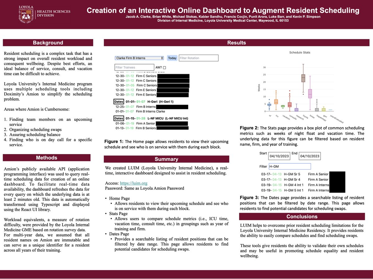 Excited to have earned first prize in QI for my poster at Loyola's RRQI day! I created LUIM as a real-time dashboard that provides insights into resident scheduling equity by querying data from Amion's scheduling APIs.
