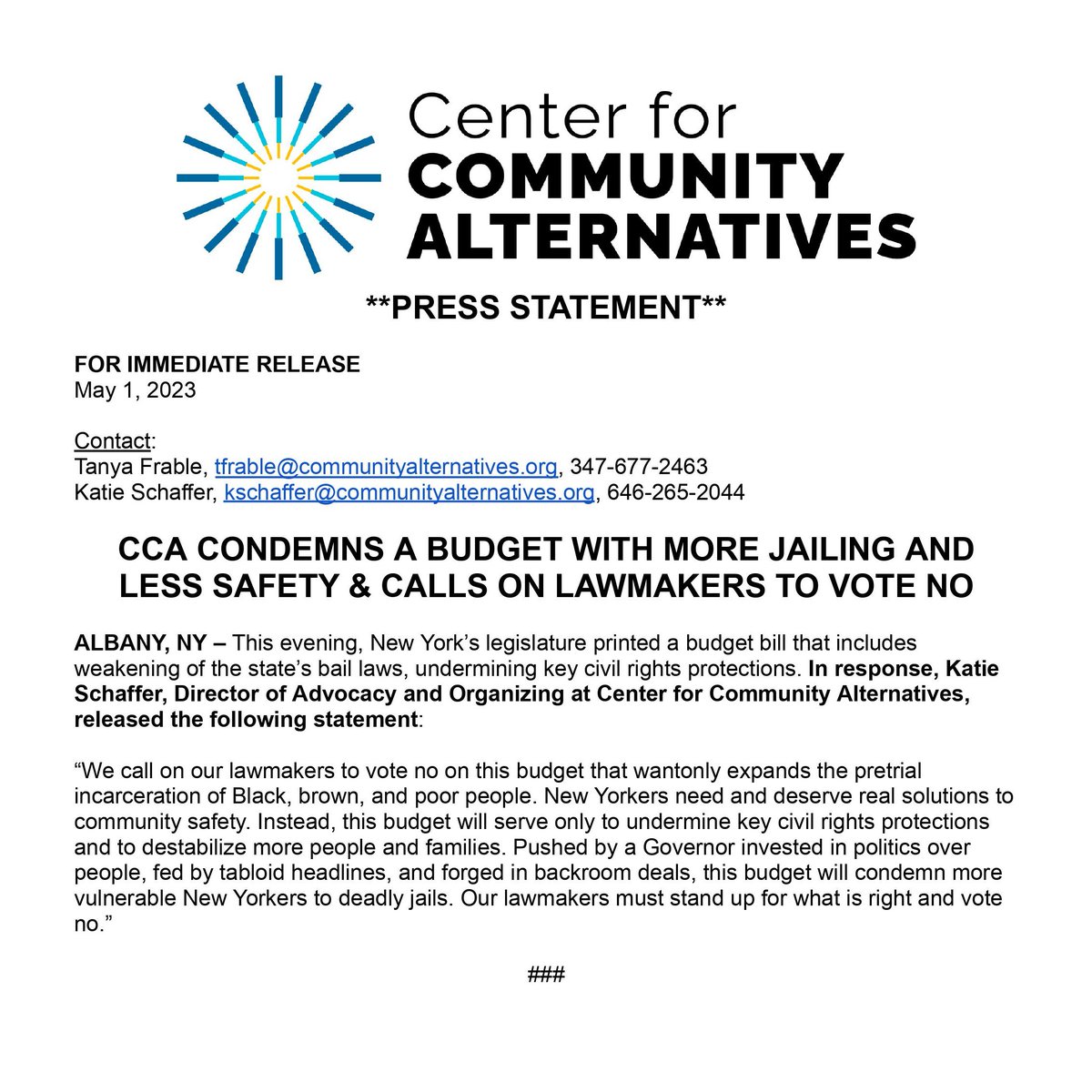 CCA_NY's tweet photo. STATEMENT: Tonight, New York's legislature printed a budget bill that will weaken the civil rights protections of our bail law.

We call on our lawmakers to vote no on this budget that will wantonly expand the pretrial incarceration of Black, brown, and poor people. https://t.co/b0fec7CCXL