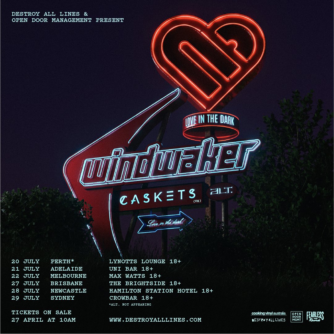 TOUR ANNOUNCEMENT 📰

<a href="/windwakertweets/">Windwaker</a> will be embarking on their 'Love In The Dark' Australian tour this July with the UK's <a href="/Caskets_band/">CASKETS</a> and Adelaide's <a href="/altband_/">𝗮𝗹𝘁.</a>.