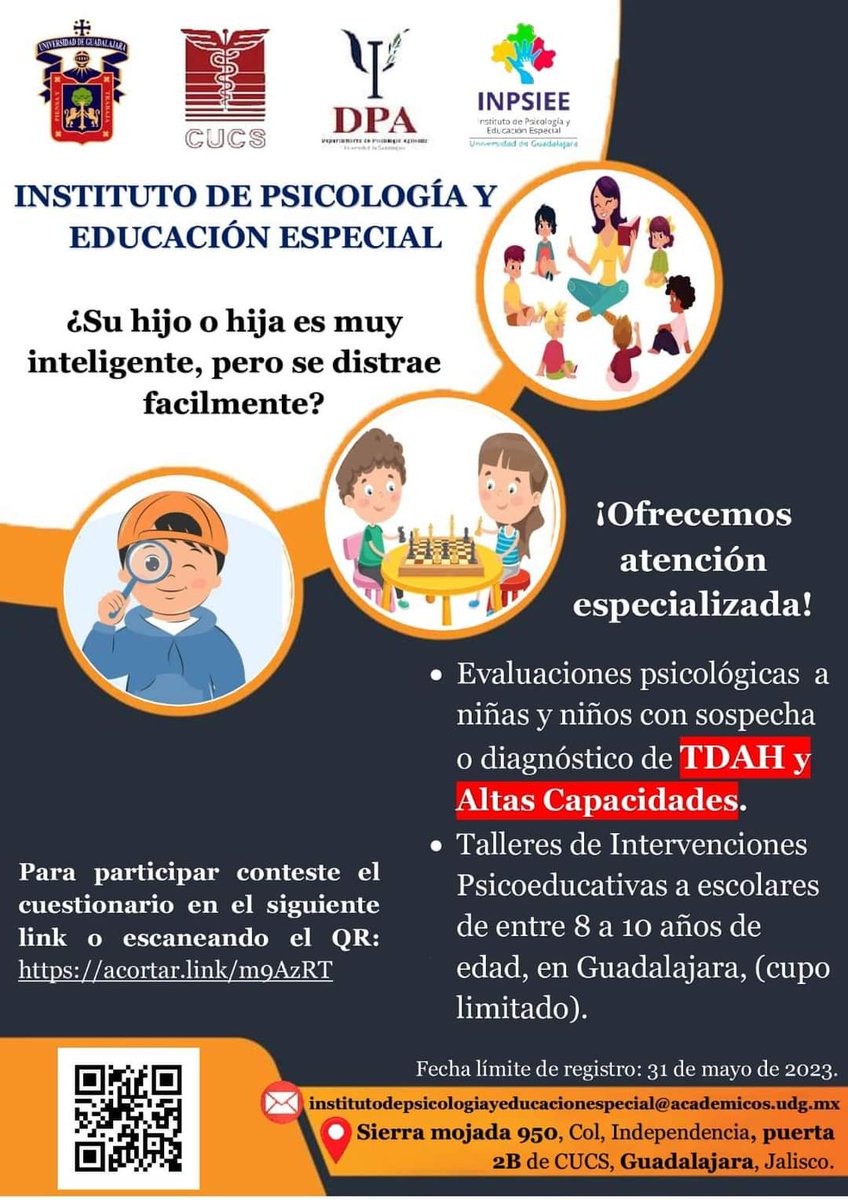 👀 Identificación y seguimiento a menores con #AltasCapacidades #AptitudesSobresalientes #DobleExcepcionalidad #TDAH
 
#INPSIEE #UdG #Guadalajara