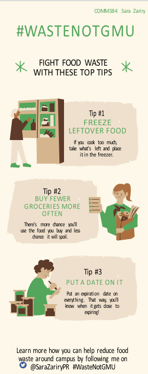 SarazariryPR's tweet photo. Here are 3 great tips for minimizing food waste which can also help you save money! Be smart. Be selective. #WasteNotGMU #MimsPR https://t.co/Ci799RUxg9