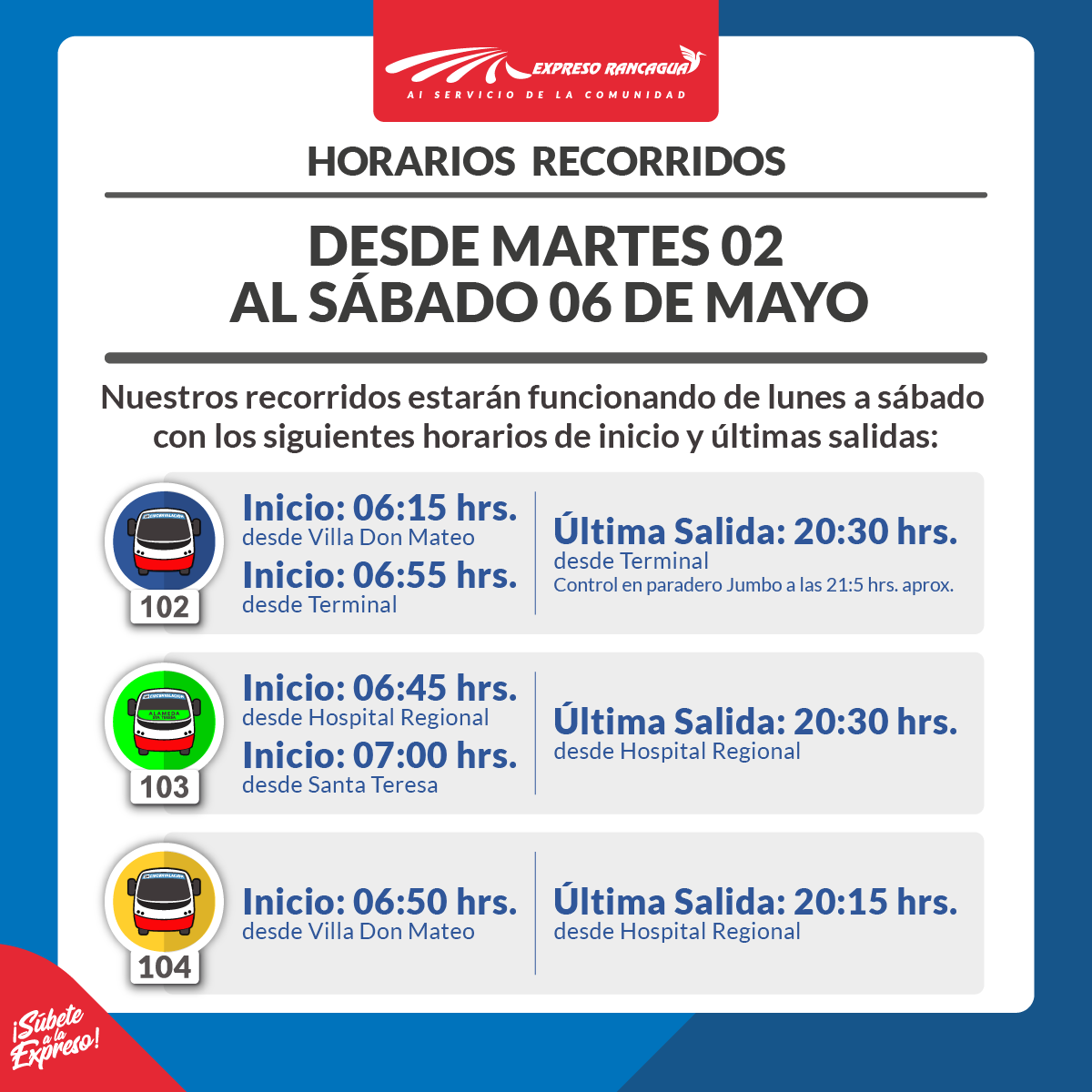 ¡Ya está aquí el 5to mes del año! Damos inicio a mayo informándoles los horarios de inicio y última salida de nuestros recorridos desde mañana martes 2, al próximo sábado 6 de mayo. ¡Feliz 1era semana de mayo para todos y no olviden abrigarse bien!

#Mayo2023 #Rancagua #Machalí