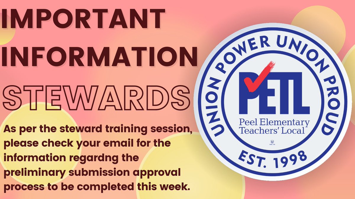 ETFOPeel's tweet photo. #PETL Stewards please check your email for time sensitive information about this week's preliminary submission approval process. Any further questions can be directed to your VP liaison. Members be sure to attend the union meeting this week to have your voice heard! #Solidarity https://t.co/AQZpsbFjXK