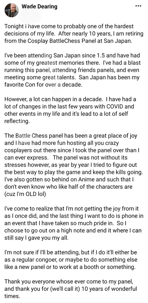 SanJapan's tweet photo. The person who runs Cosplay Chess the past 10 years has decided to step back. He posted this tonight. Thanks Wade D. for his hard work in running it.

We are open to a new group who'd like to take over through our panel submissions form. https://t.co/YjpkbzWQRp