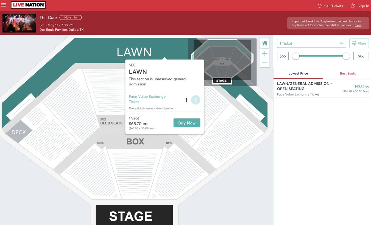 MyronP4's tweet photo. Another lawn ticket trickled out for @TheCure Dallas show in 12 days but #FaceValueTicketExchange price increased $41.80 to $65.70, @RobertSmith. Still in shock I'll be stuck way out there after #TicketmasterVerifiedFan process failed me. Really enjoyed all 3 Texas shows in 2016! https://t.co/2XDvhM0lO8