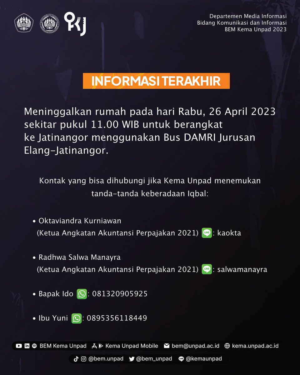 bem_unpad's tweet photo. [INFO ORANG HILANG]

Halo, Kema Unpad!
Kami membutuhkan bantuan Kema Unpad! Orang terdekat kami telah hilang dan belum ditemukan. Jika ada yang melihat atau memiliki informasi yang dapat membantu, mohon segera hubungi nomor yang tertera. https://t.co/U5yxfPnjyn