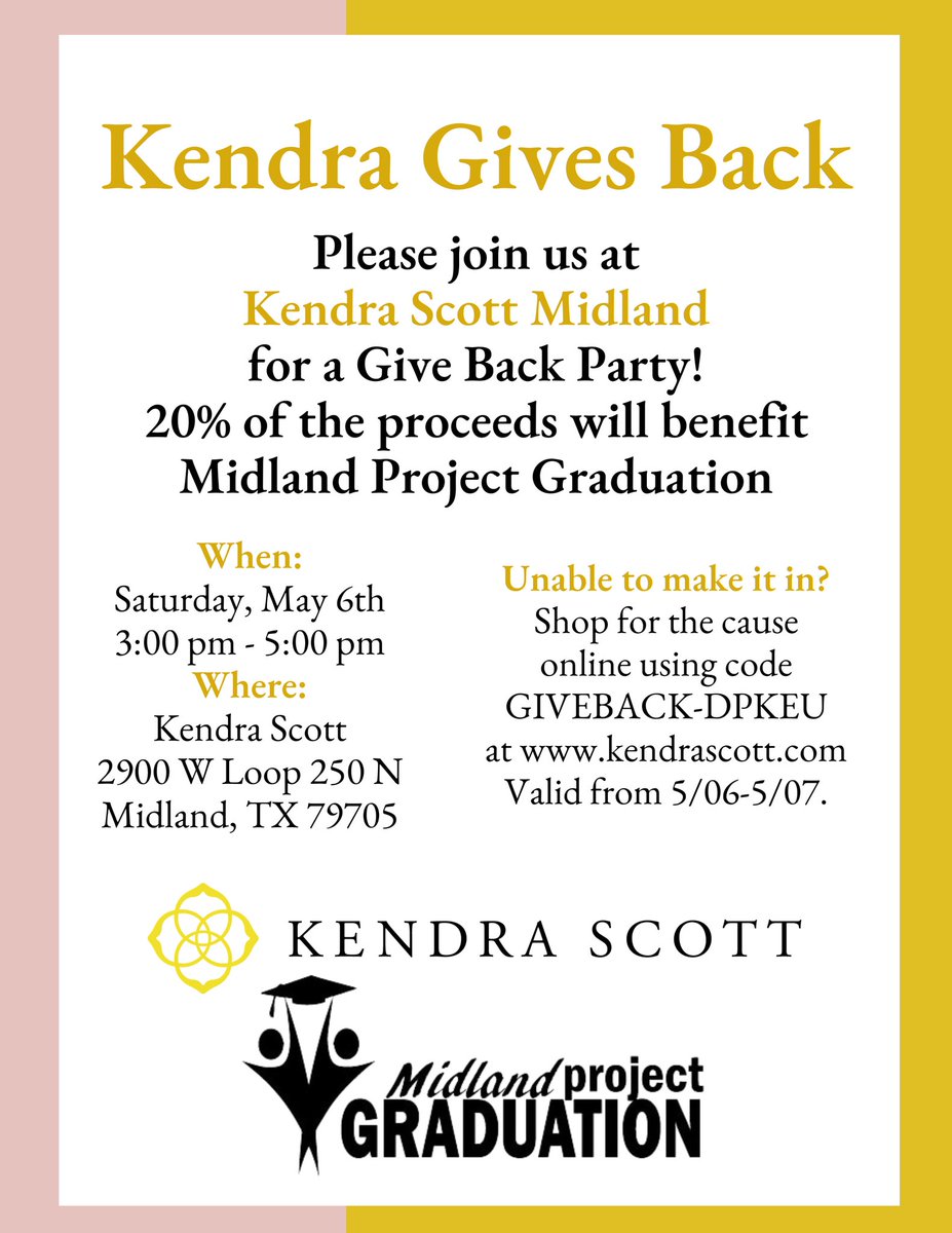 GradMidland's tweet photo. PLEASE SHARE 🚨 Kendra Scott Gives Back Night for Midland Project Graduation!
May 6th!

Perfect for Mother’s Day Gifts! https://t.co/v3a79Rx6Jn