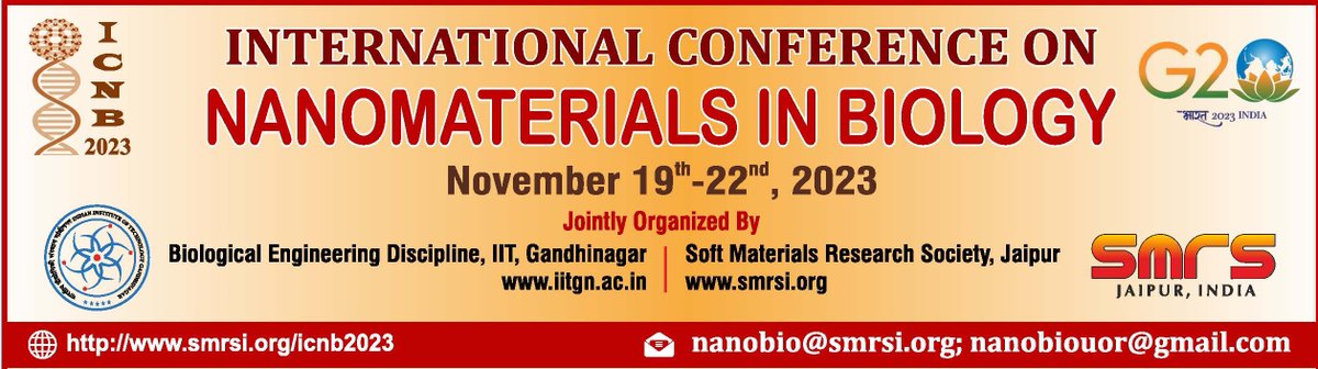 We are pleased to announce the 3rd edition of the International Conference on Nanomaterials in Biology (ICNB 2023) during 19-22 November 2023 at IIT Gandhinagar. For details, please visit
smrsi.org/icnb2023/