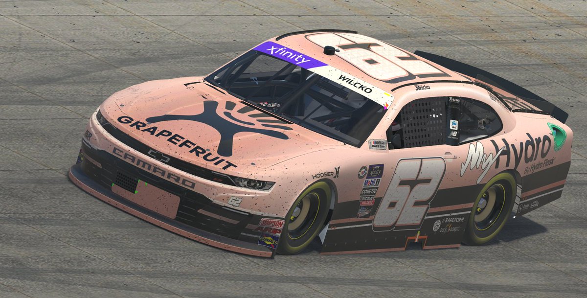 JWilcko's tweet photo. Another great run in tonight's SNN 100% Xfin league. We had excellent tire wear in our #62 #MyHydro by @HydroFlask car. Our new "Grapefruit" color scheme was fast and we were only 1 of 6 cars to finish on the lead lap as we came home in 6th. #RefillforGood! It was a blast.. https://t.co/mNk9lw4V5X