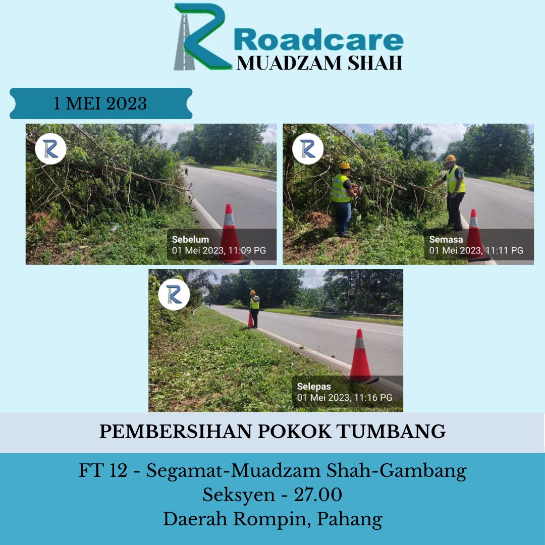 👷🏻‍♂️ #TeamRoadcareMuadzam 🚧
Pembersihan Pokok Tumbang

1 MEI 2023
FT 12- Segamat-Muadzam Shah-Gambang
Seksyen - 27.00
Daerah Rompin,Pahang
@JKRMalaysia
@JKRPAHANG
@JKRrompin
@Roadcare_HQ
@Roadcare_Phg