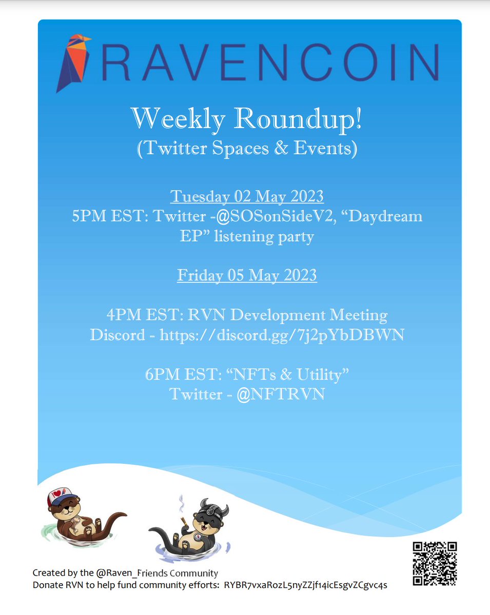 Keep in the know! 
Here's the #Ravencoin Weekly Roundup! ⬇️
Visit ravencoin.org to learn more about <a href="/ravencoin/">Project Raven 🦅/ RVN / Ravencoin</a> 
#RVN $RVN #NFT #NFTPROJECT #NFTCOMMUNITY #CRYPTO