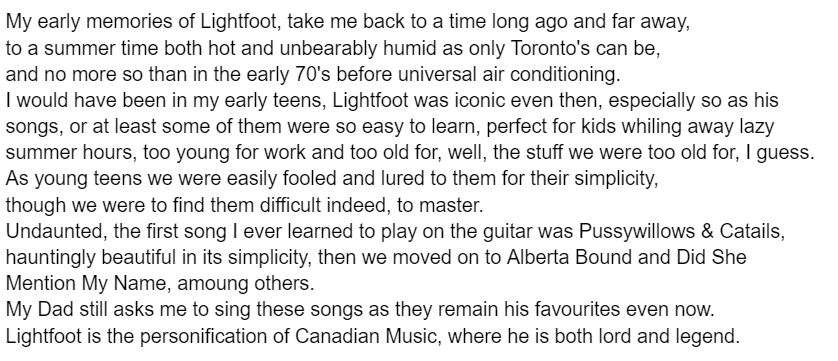 Listener stories about Gordon Lightfoot from a contest we ran on CBC Radio in 2011. Notice how many of these are multigenerational 

#GordonLightfoot #RIPGordonLightfoot