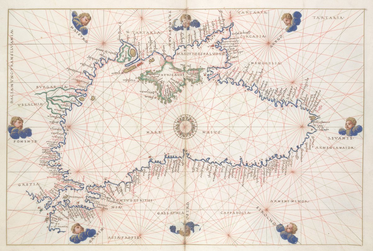 ImperiiaProject's tweet photo. When is a map a work of art? When it's a portolan chart by Battista Agnese! His illuminated vellum depicts the Black Sea (1544) as a ring of evenly-spaced, meticulously-labeled harbors. Don't let the cherubs distract you. Check out the mouths of the Danube and Dnipro rivers. https://t.co/LAzOfccptq