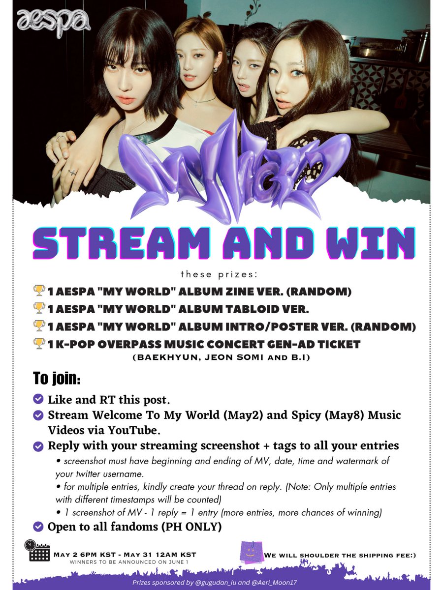 gugudan_iu's tweet photo. ♡☆ MV STREAMING PARTY - GIVEAWAY ☾ꕤ

Stream aespa Welcome To My World (May2) and Spicy (May8) MV and get a chance to win "MY WORLD" albums and concert ticket. :)

To join:👇
📅5/2-5/31

AESPA WTMW OUT NOW
#오늘당신의_세계에있는_에스파
#WelcomeToMYWorld
#aespa @aespa_official https://t.co/3sUQvwC6vw
