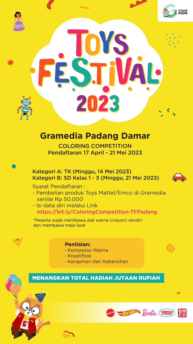 Kabar gembira untuk Sahabat Doru yang ada di Padang dan sekitarnya! Toys Festival Gramedia turut hadir di kotamu loh 😍 Ikuti kompetisinya &amp; raih kesempatan mendapatkan banyak hadiah menarik ‼️Yuk daftar &amp; pantau terus infonya hanya di <a href="/gramediakids/">gramediakids</a> <a href="/gramediapadang/">GramediaPadang</a> ✨