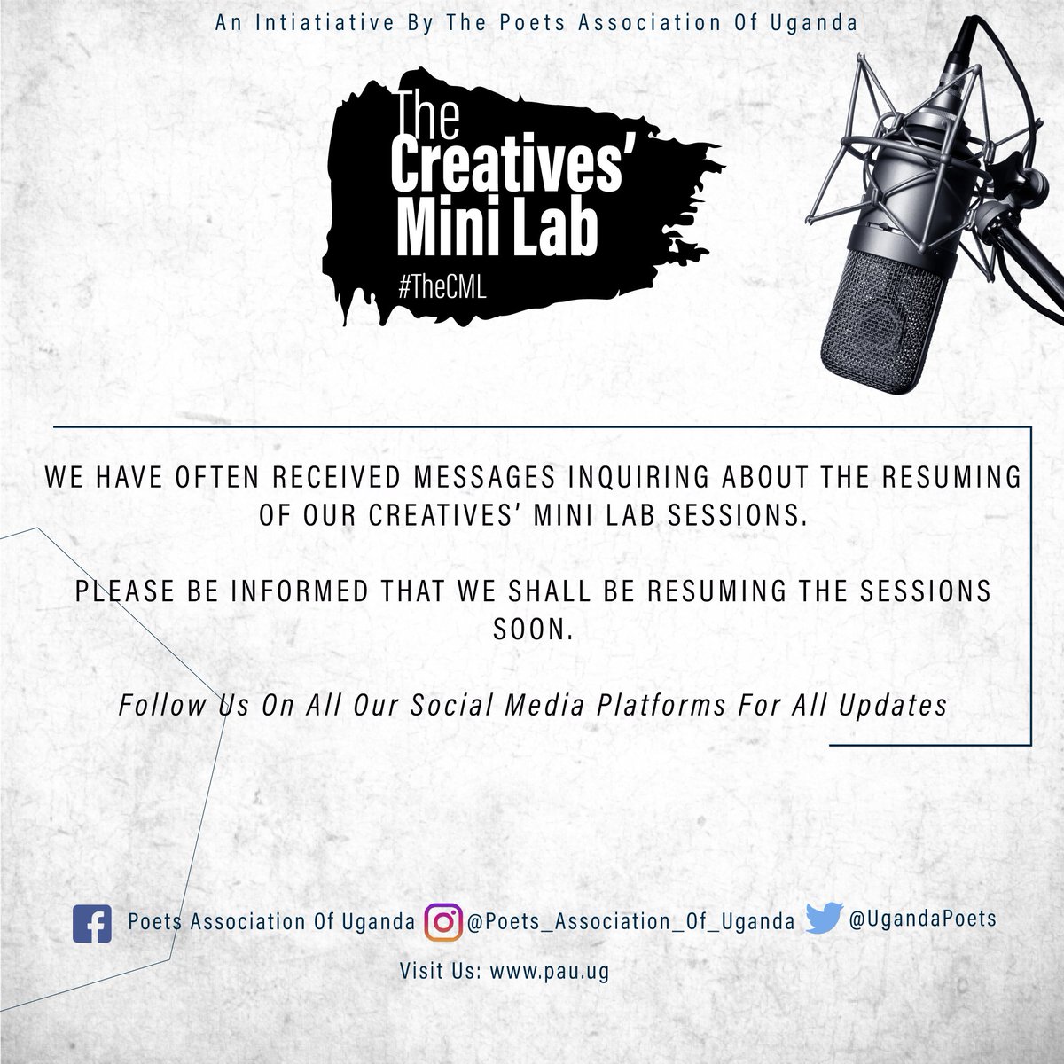 🚥 🚦 🚥 

Please be informed that we had paused our sessions of #TheCML due to unavoidable circumstances.

We hereby inform you that the orange light has been lit.

The green is yet to be lit too.

#WeAreThePAU #Poetry #SpokenWord #RedefiningPoetry