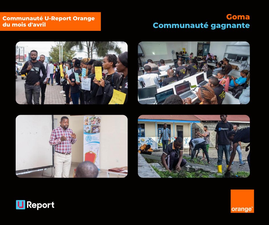 🎉🥳 Goma est à l’honneur en tant que communauté #UReportOrangeRDC du mois d’avril et bénéficiera de 5 Go d'internet pour 100 membres actifs de la communauté, pour rester connectés et informés. 🌐

En 2023, notre partenaire Orange s'engage à soutenir les communautés U-Report. 🤩