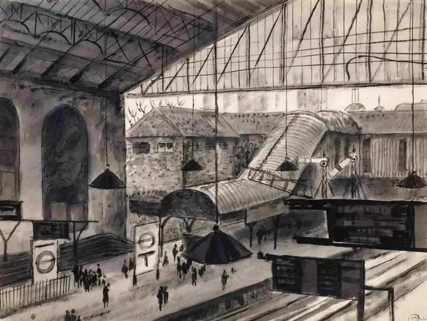 A London station, with the recognisable Underground logos, by the artist Mstislav Dobuzhinsky, who lived in London in 1930s. Can you name the location? 🚇