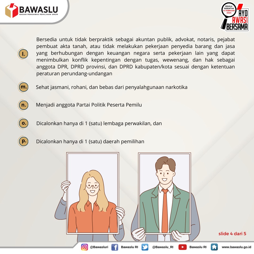 #SahabatBawaslu, untuk menjadi bakal calon anggota legislatif Pemilu 2024 tentu ada syaratnya.

Sahabat mau tahu apa saja syaratnya ?

Cek dipostingan berikut ya 🔍

#AyoAwasiBersama
#PemiluSerentak2024