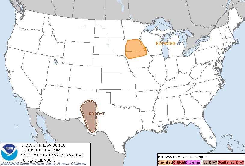 SPC Day 1 Fire Weather Outlook SPC Day 1 Fire Weather Outlook

Day 1 Fire Weather Outlook  
NWS Storm Prediction Center Norman OK
0141 AM CDT Tue May 02 2023

Valid 021200Z - 031200Z

...Synopsis...
...Minnesota to Iowa...
Elevated fire weather concerns … https://t.co/WBJnCqWPyF https://t.co/ApNCJJXXv8