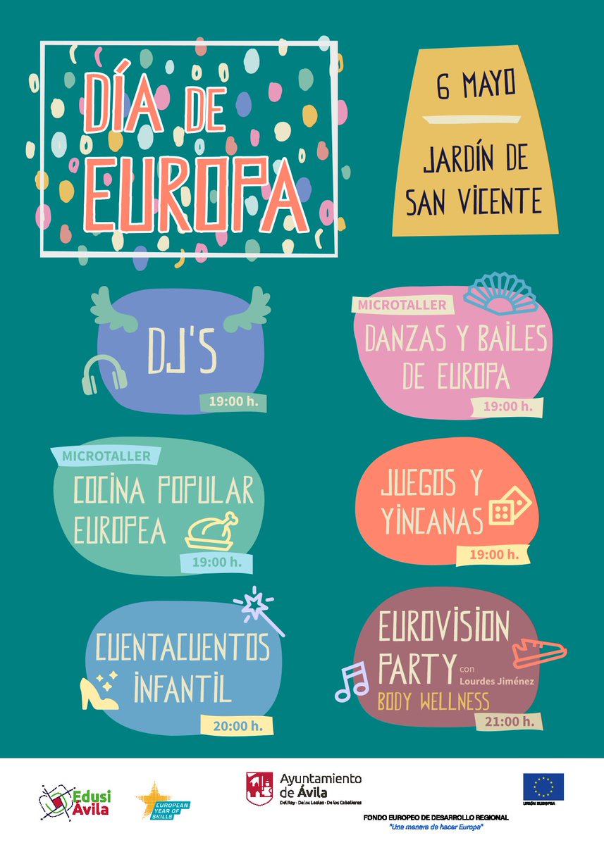 EDUSIAvila's tweet photo. 🔊En la tarde del 6 de mayo en el jardín de San Vicente, se podrá disfrutar de talleres como:

👉 19.00 Microtalleres de cocina popular europea
👉 19.00 Danzas y bailes de Europa, Dj, Juegos y Yincanas
👉 20:00 Cuentacuentos Infantil
👉 21:00 Eurovision Party, espacio creativo. https://t.co/vSNYfpdz0s