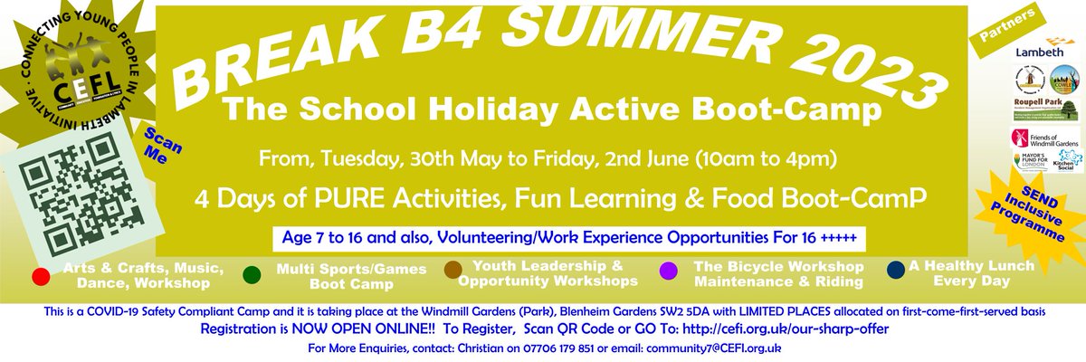 CEF Lyncx (@ceflyncx) on Twitter photo <a href="/CEFLyncx/">CEF Lyncx</a> would like to let you know Application for our Summer Half-Term BootCamp is now open for Registration.
See the poster attached and to find out more and, to register an interest, click this link: cefi.org.uk/our-sharp-offer
<a href="/brixtonwindmill/">Brixton Windmill</a> <a href="/lambeth_council/">Lambeth Council</a> <a href="/DannyBgrmo1/">Danny Howcroft</a> <a href="/CEFLyncx/">CEF Lyncx</a> would like to let you know Application for our Summer Half-Term BootCamp is now open for Registration.
See the poster attached and to find out more and, to register an interest, click this link: cefi.org.uk/our-sharp-offer
<a href="/brixtonwindmill/">Brixton Windmill</a> <a href="/lambeth_council/">Lambeth Council</a> <a href="/DannyBgrmo1/">Danny Howcroft</a>