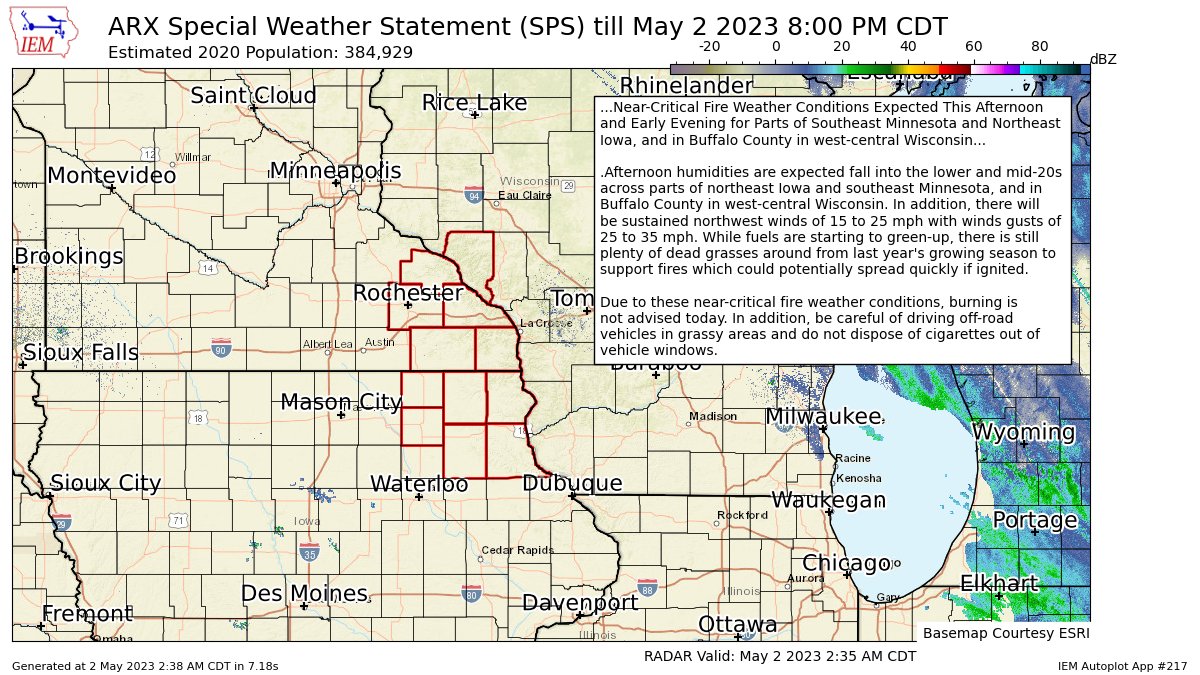 Near-Critical Fire Weather Conditions Expected This Afternoon and Early Evening for Parts of Southeast Minnesota and Northeast Iowa, and in Buffalo County in west-central Wisconsin for Allamakee, Chickasaw, Clayton, Fayette, Howard, ... till 8:00 PM CDT https://t.co/vp852wo3hB https://t.co/T2uuHJDU17